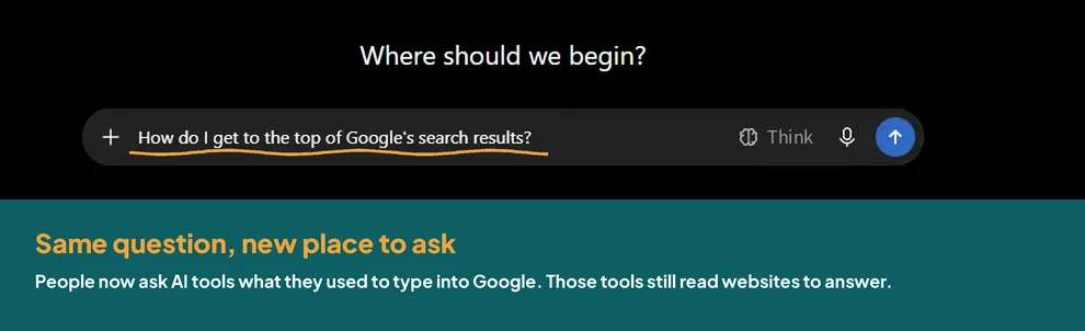 An AI chat tool with the question "How do I get to the top of Google’s search results?" typed in