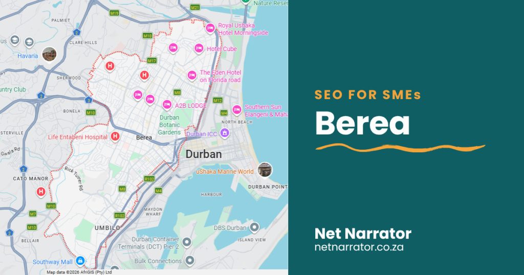 Net Narrator graphic reading SEO for SMEs, Berea, for local SEO services for small businesses in Berea Durban