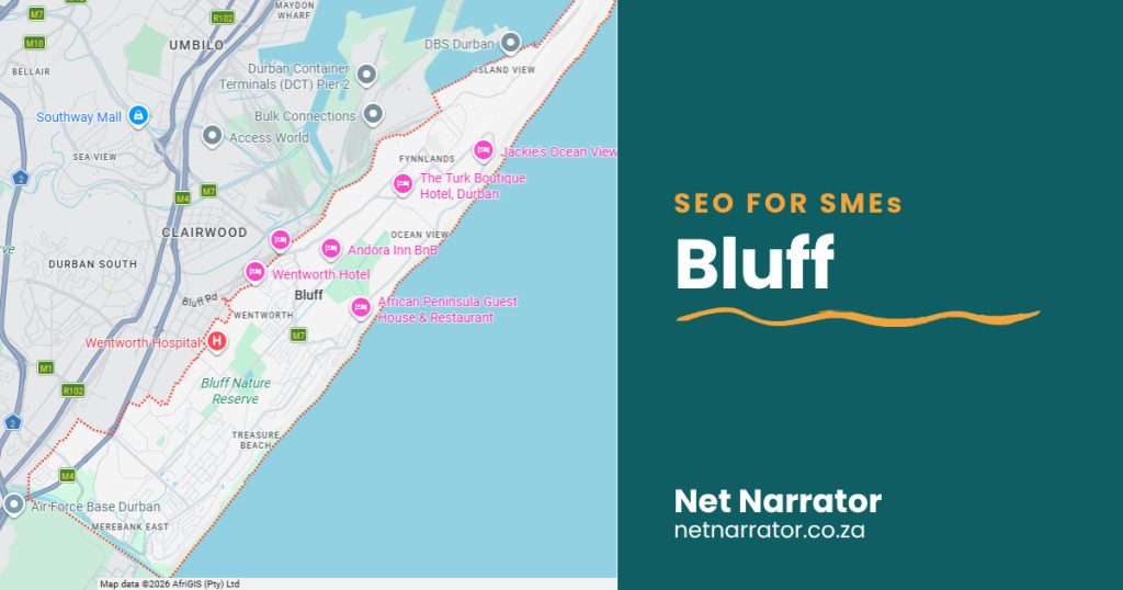 Net Narrator graphic reading SEO for SMEs, Bluff, for local SEO services for small businesses in Bluff Durban