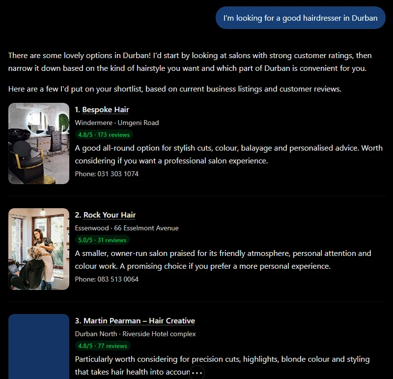 ChatGPT answering “I’m looking for a good hairdresser in Durban” with a shortlist of salons, their areas, ratings, review counts and phone numbers
