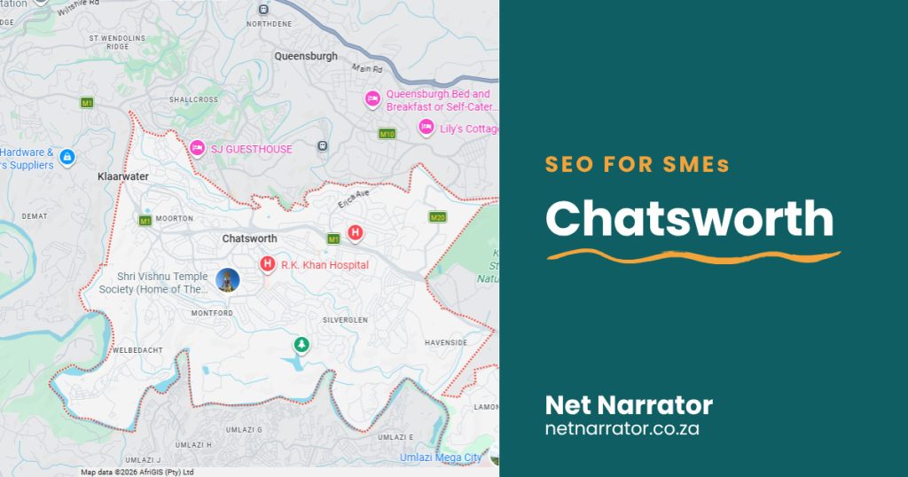 Net Narrator graphic reading SEO for SMEs, Chatsworth, for local SEO services for small businesses in Chatsworth Durban
