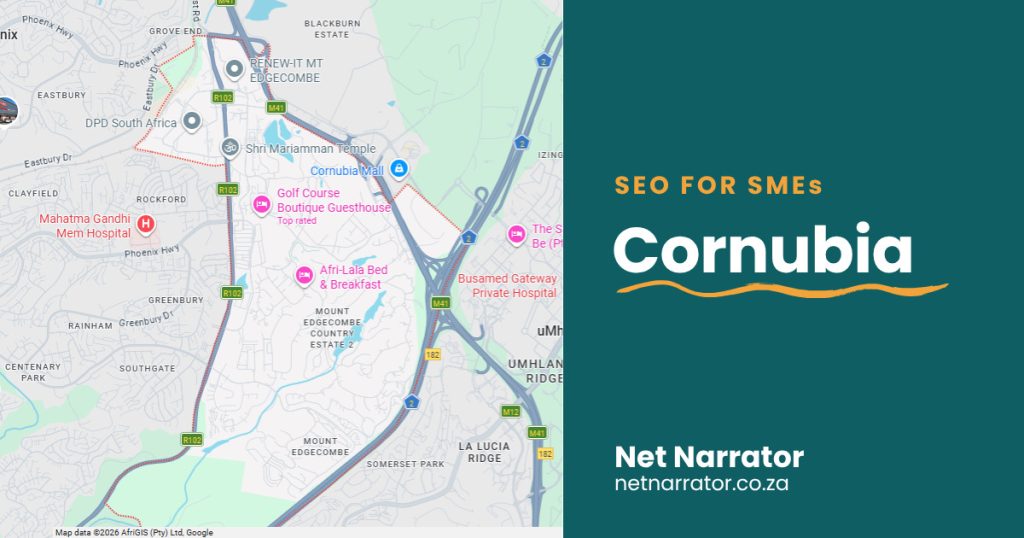 Net Narrator graphic reading SEO for SMEs, Cornubia, for local SEO services for small businesses in Cornubia Durban