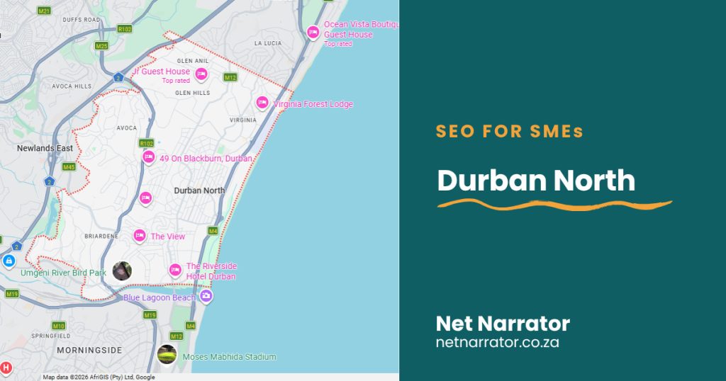 Net Narrator graphic reading SEO for SMEs, Durban North, for local SEO services for small businesses in Durban North Durban