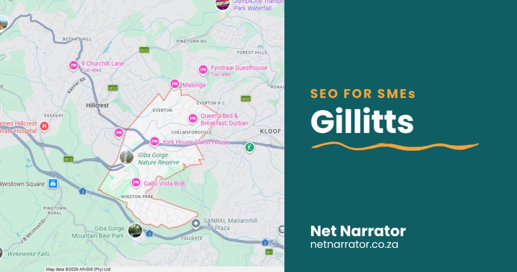 Net Narrator graphic reading SEO for SMEs, Gillitts, for local SEO services for small businesses in Gillitts Durban