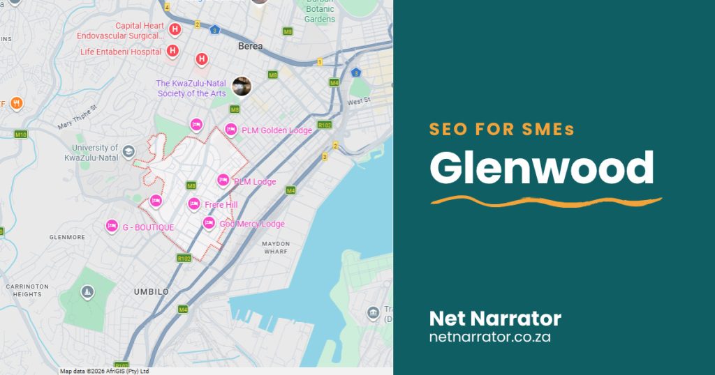 Net Narrator graphic reading SEO for SMEs, Glenwood, for local SEO services for small businesses in Glenwood Durban