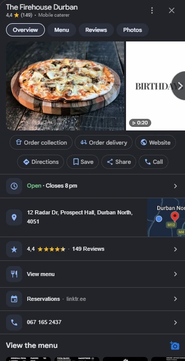Google Business Profile for The Firehouse Durban, showing photos, ordering and directions buttons, opening hours, 149 reviews and a link to the menu