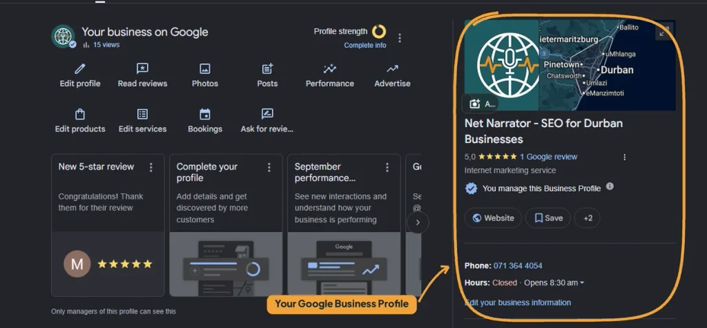 Net Narrator’s Google Business Profile in Google Search, showing reviews, phone number and opening hours