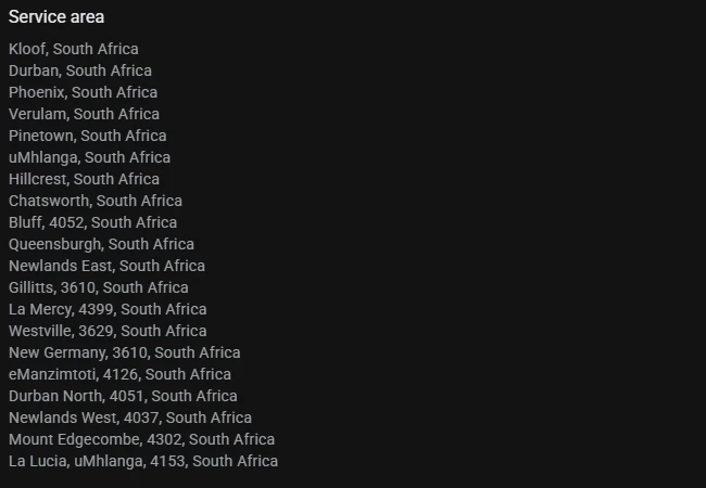 Google Business Profile service area list with 20 specific Durban areas, including Kloof, Pinetown, Umhlanga, Westville, Durban North and La Lucia