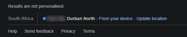 Bottom of a Google results page showing “Results are not personalised” and the location used for the search, Durban North
