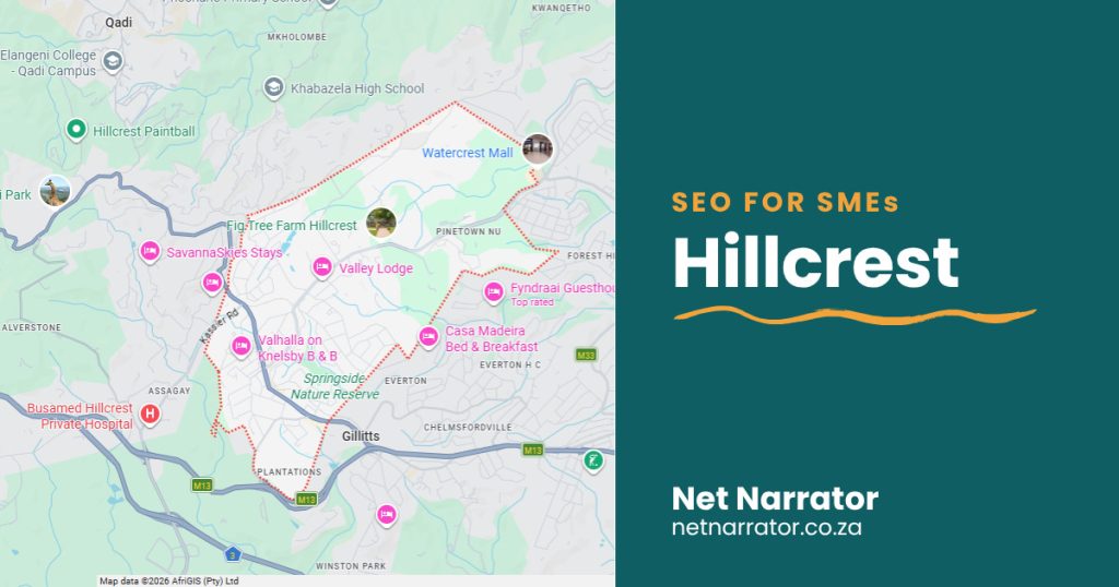 Net Narrator graphic reading SEO for SMEs, Hillcrest, for local SEO services for small businesses in Hillcrest Durban