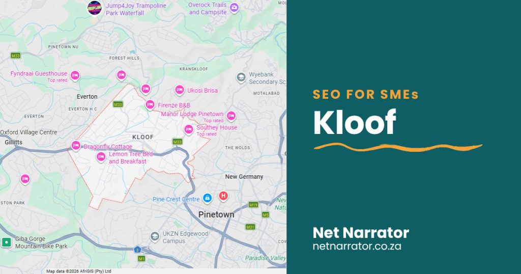 Net Narrator graphic reading SEO for SMEs, Kloof, for local SEO services for small businesses in Kloof Durban