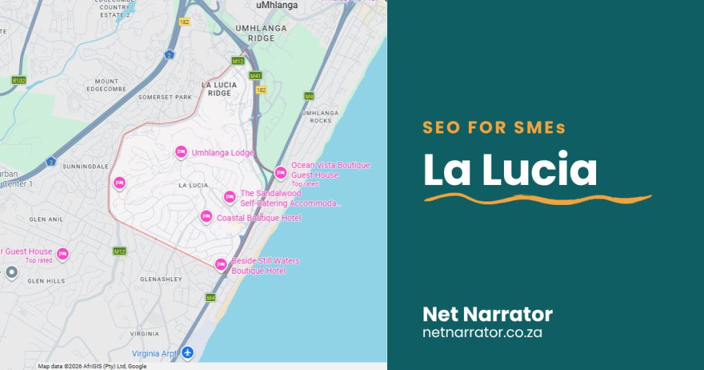 Net Narrator graphic reading SEO for SMEs, La Lucia, for local SEO services for small businesses in La Lucia Durban