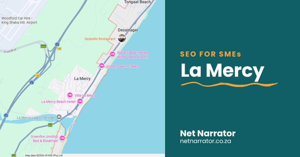 Net Narrator graphic reading SEO for SMEs, La Mercy, for local SEO services for small businesses in La Mercy Durban