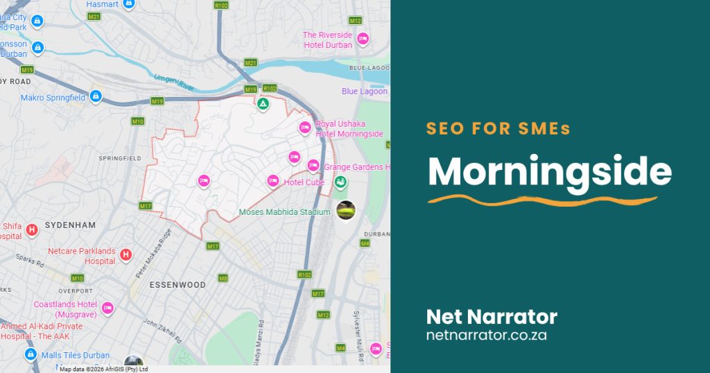 Net Narrator graphic reading SEO for SMEs, Morningside, for local SEO services for small businesses in Morningside Durban