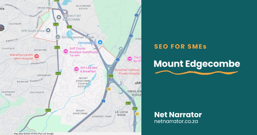 Net Narrator graphic reading SEO for SMEs, Mount Edgecombe, for local SEO services for small businesses in Mount Edgecombe Durban