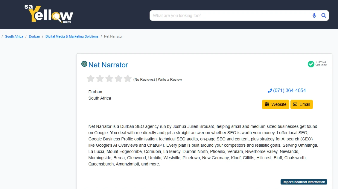 Net Narrator’s business listing on the SA Yellow directory, with phone number, website and email buttons and a description of services