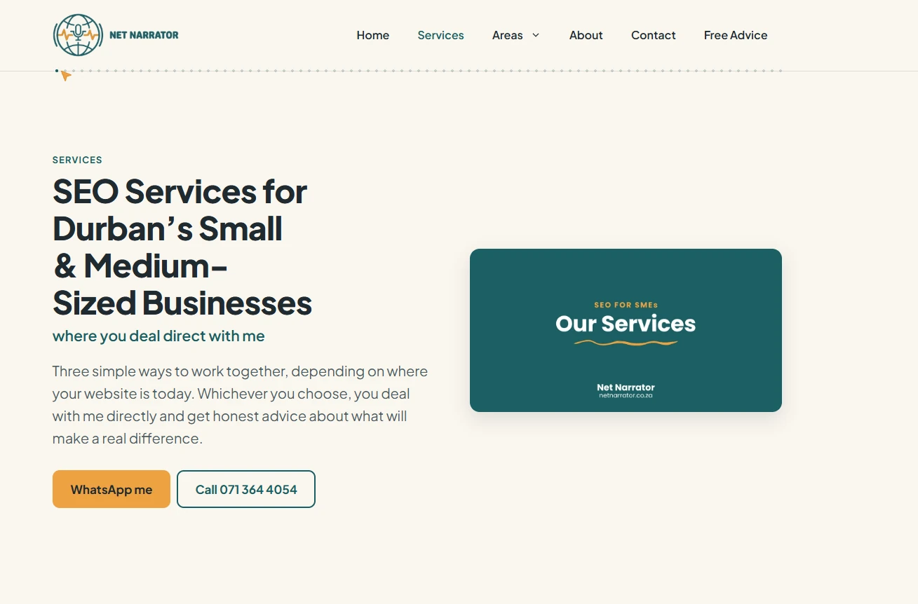 Net Narrator’s SEO services page, with a clear headline, a short explanation of the services and WhatsApp and call buttons