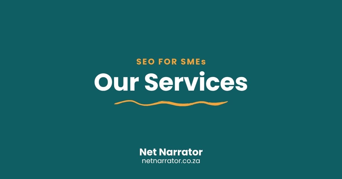 Net Narrator Our Services banner with the text "SEO for SMEs" on a teal background