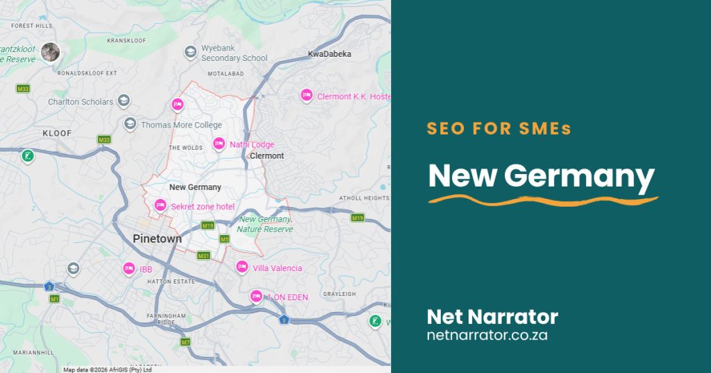 Net Narrator graphic reading SEO for SMEs, New Germany, for local SEO services for small businesses in New Germany Durban