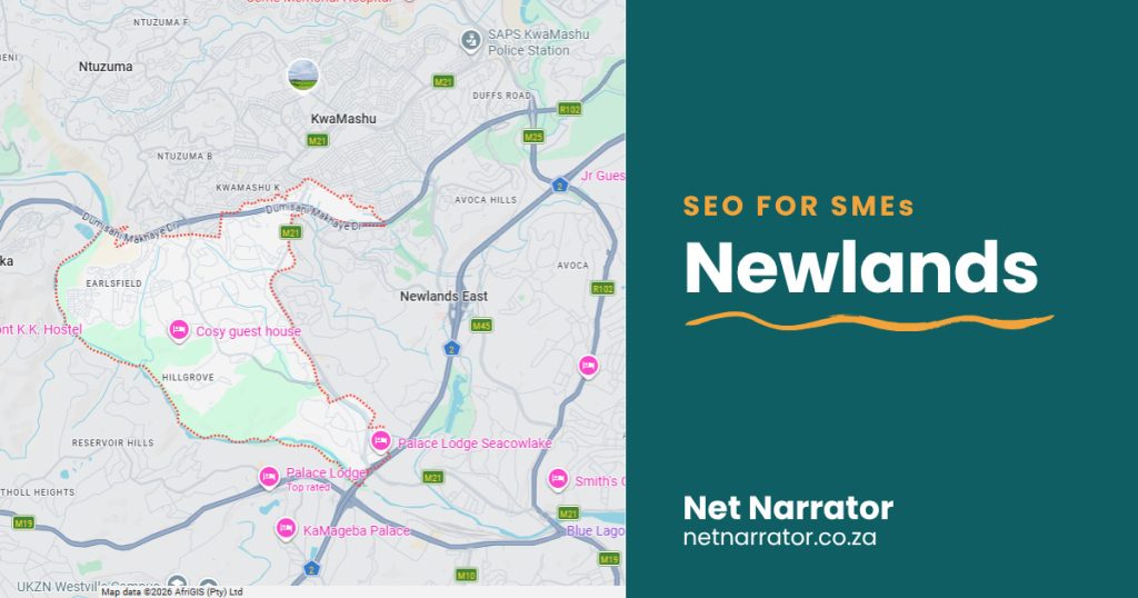 Net Narrator graphic reading SEO for SMEs, Newlands, for local SEO services for small businesses in Newlands Durban
