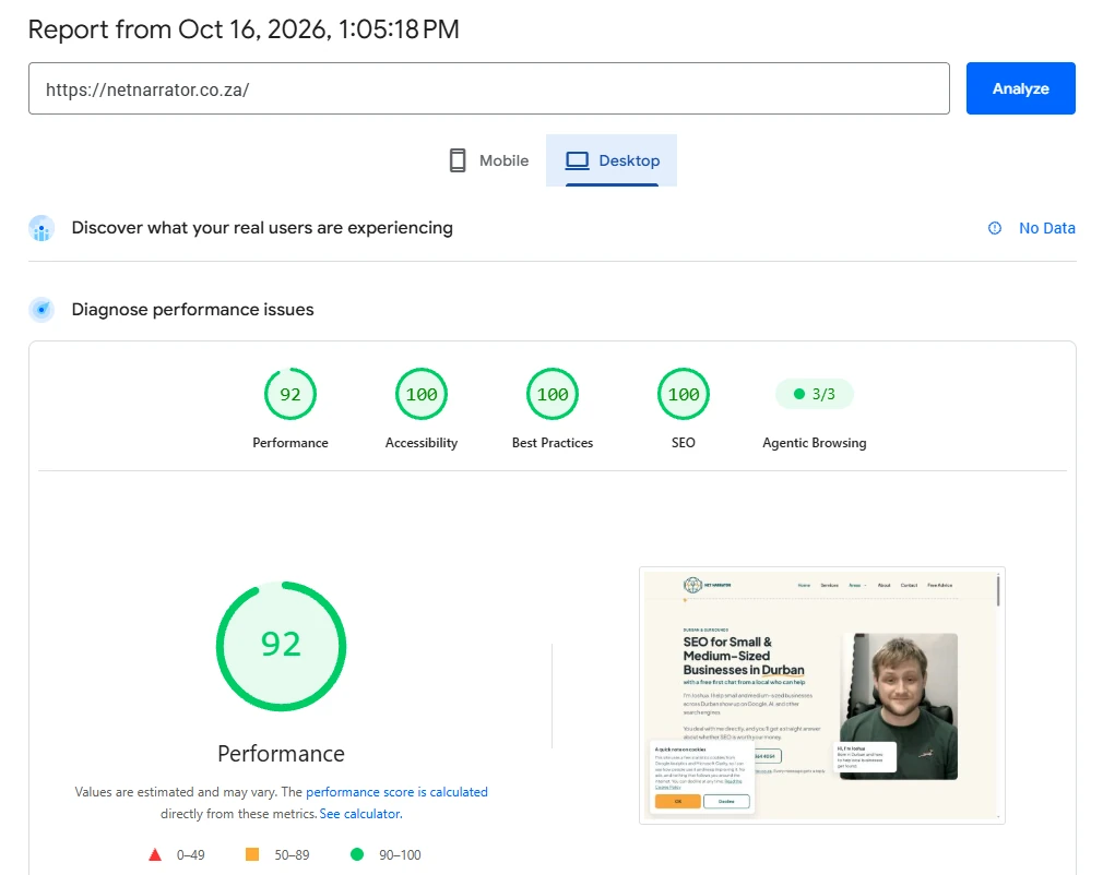 Google PageSpeed Insights desktop report for netnarrator.co.za, scoring 92 for performance and 100 for accessibility, best practices and SEO