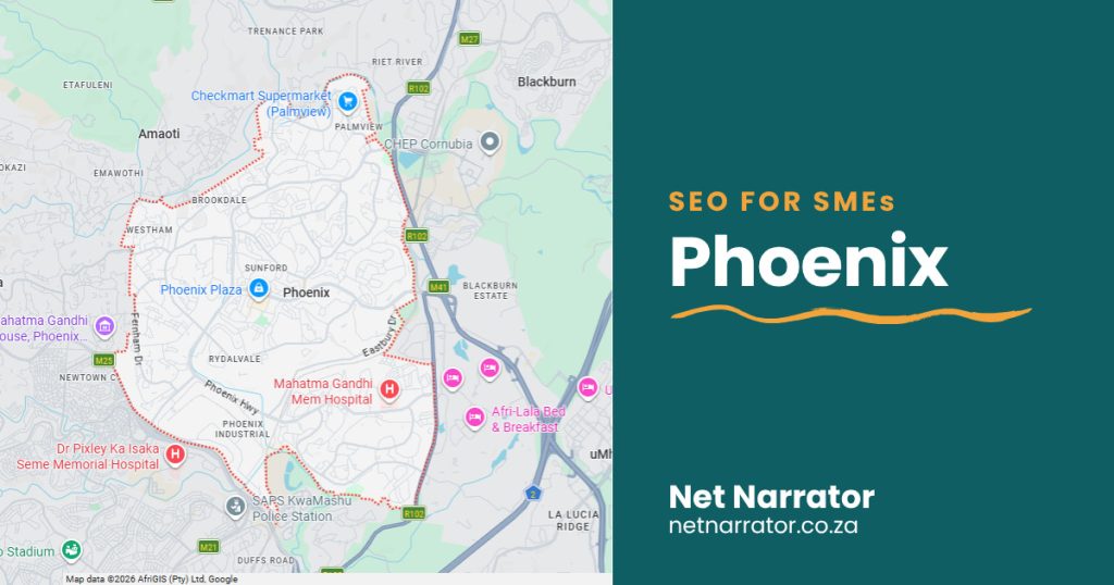 Net Narrator graphic reading SEO for SMEs, Phoenix, for local SEO services for small businesses in Phoenix Durban