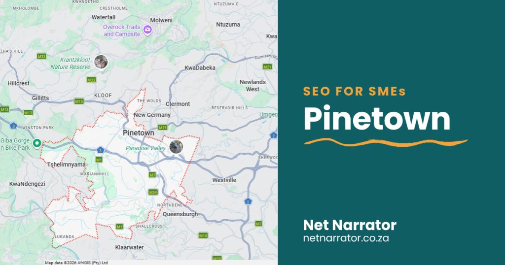 Net Narrator graphic reading SEO for SMEs, Pinetown, for local SEO services for small businesses in Pinetown Durban