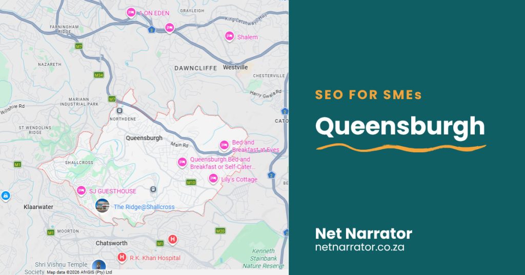 Net Narrator graphic reading SEO for SMEs, Queensburgh, for local SEO services for small businesses in Queensburgh Durban