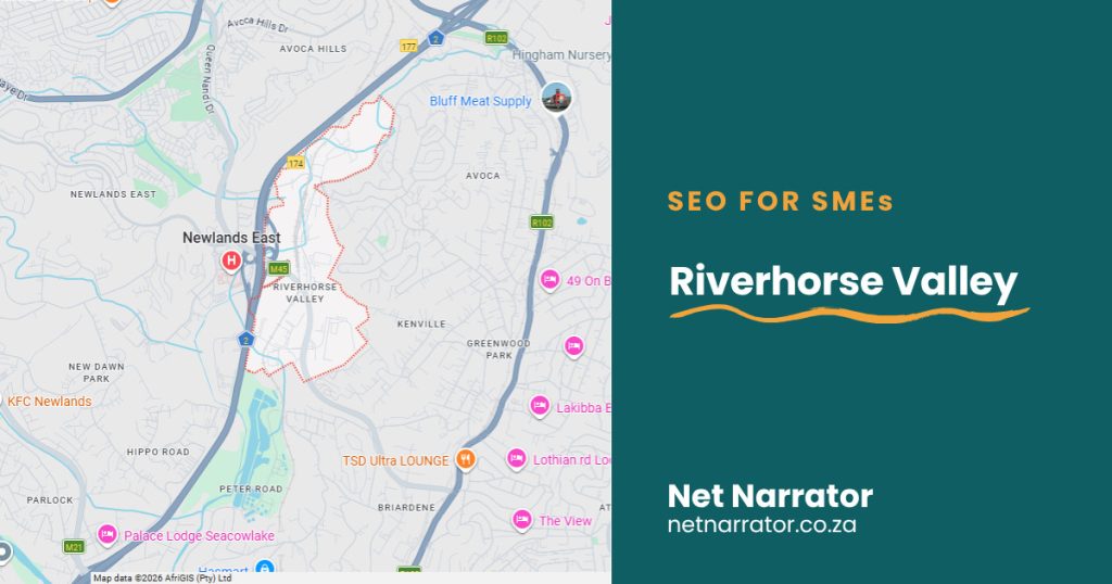 Net Narrator graphic reading SEO for SMEs, Riverhorse Valley, for local SEO services for small businesses in Riverhorse Valley Durban