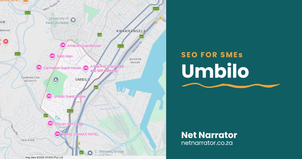 Net Narrator graphic reading SEO for SMEs, Umbilo, for local SEO services for small businesses in Umbilo Durban