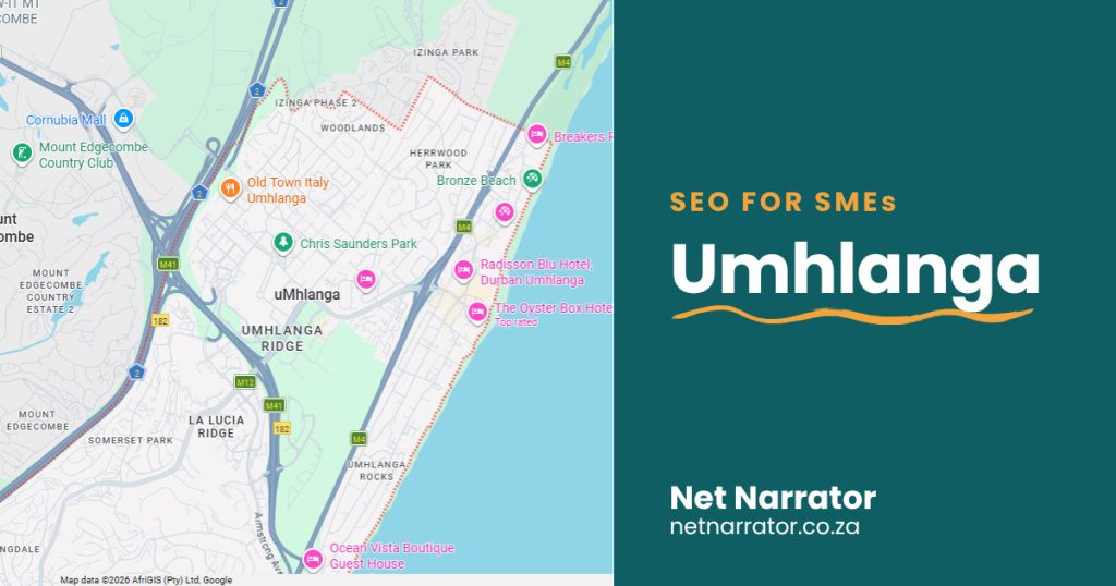 Net Narrator graphic reading SEO for SMEs, Umhlanga, for local SEO services for small businesses in Umhlanga Durban