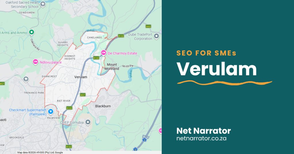 Net Narrator graphic reading SEO for SMEs, Verulam, for local SEO services for small businesses in Verulam Durban