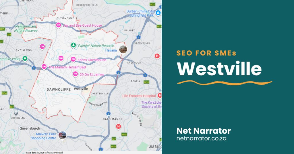 Net Narrator graphic reading SEO for SMEs, Westville, for local SEO services for small businesses in Westville Durban